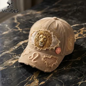 Leo Zodiac Khaki Distressed Baseball Cap featuring a gold lion emblem, text reading Big Leo Energy, and embroidered symbols.