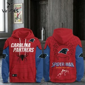 Carolina Panthers x Spider-Man Brand New Day hoodie featuring red webbing patterns, blue sleeves, and NFL team logos.