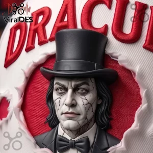 Dracula A Night Of Bloodlust Sculpted 3D Baseball Cap featuring a 3D relief of a pale vampire in a top hat on red fabric.