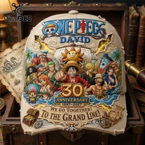 One Piece 30th Anniversary Personalized Beige Cap featuring the Straw Hat crew, Thousand Sunny ship, and custom name text.