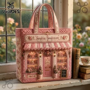 Sophia Bookstore pink quilted book lover tote bag featuring a miniature storefront facade with floral accents and lights.