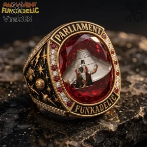Parliament Funkadelic Mothership Red Gemstone Championship Ring featuring a silver UFO, George Clinton, and gold filigree.