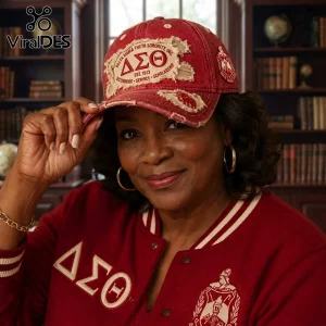 Delta Sigma Theta Sorority Distressed Crimson Baseball Cap with white embroidered logo patch and frayed visor edge.