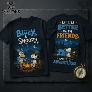 Bluey x Snoopy Camping Navy Blue T-Shirt front and back views featuring cartoon characters roasting marshmallows at night.