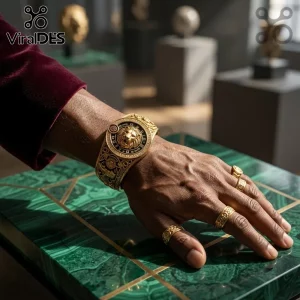 Lion Strength Horoscope Gold Bracelet featuring a sculpted lion face and zodiac engravings on a man's wrist.
