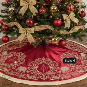 Delta Sigma Theta Decorative Holiday Tree Skirt in red satin with gold embroidered elephant icons and Greek letter motifs.
