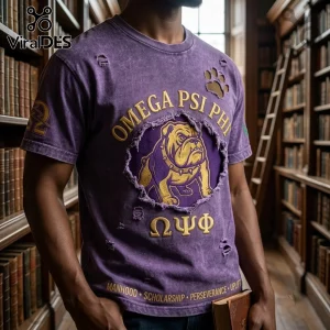 Omega Psi Phi Fraternity Mascot Distressed Shirt in purple with gold bulldog graphic, Greek lettering, and frayed edges.
