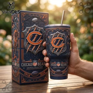 Chicago Bears Legacy Collection 40oz Stanley Tumbler in navy and orange with metallic shield logo and team details.