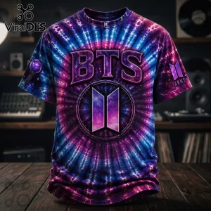 BTS Galaxy Limited Edition Tie Dye T-Shirt with purple and blue swirl pattern, BTS logo, and ARMY branding on fabric.