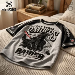Darth Vader Las Vegas Raiders embroidered raglan shirt featuring black and grey fabric with football sleeve details.