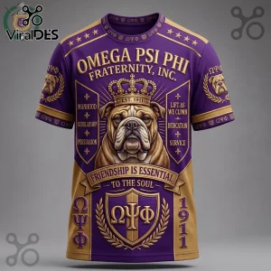 Omega Psi Phi Fraternity Bulldog Purple Gold T-Shirt featuring a central bulldog graphic, royal crown, and Greek lettering.
