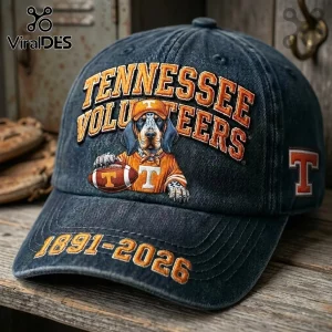 Tennessee Volunteers Mascot Navy Denim Baseball Cap with orange embroidery, Smokey the mascot, and 1891-2026 text.