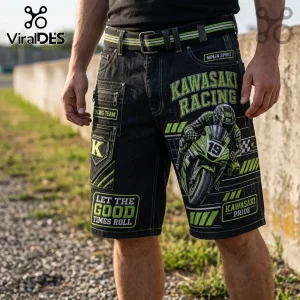 Kawasaki Racing Team black cargo shorts featuring a green motorcycle graphic, side pockets, and racing-inspired patches.