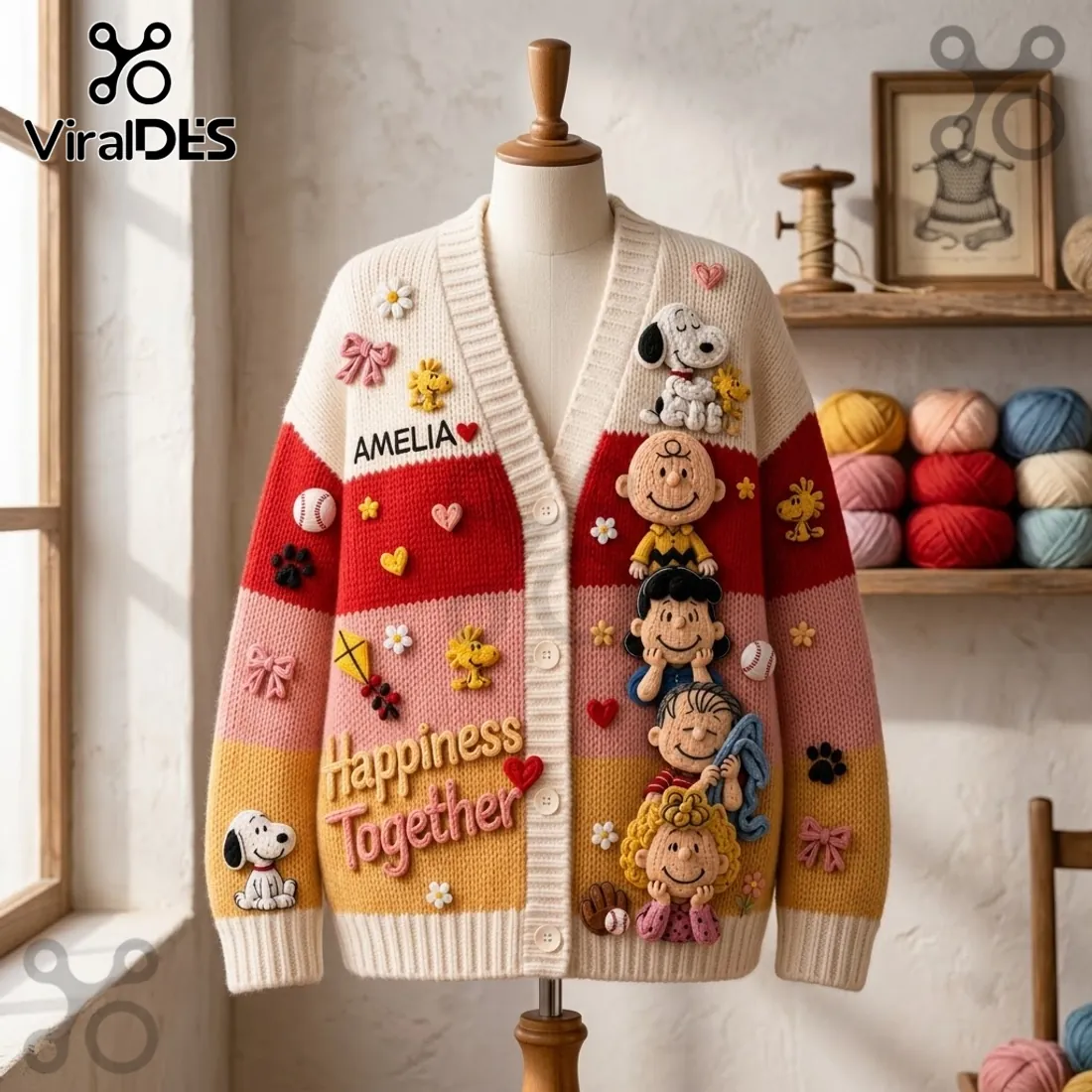 Peanuts Classic Comic Characters Embroidered Cardigan Peanuts Classic Comic Characters Embroidered Cardigan