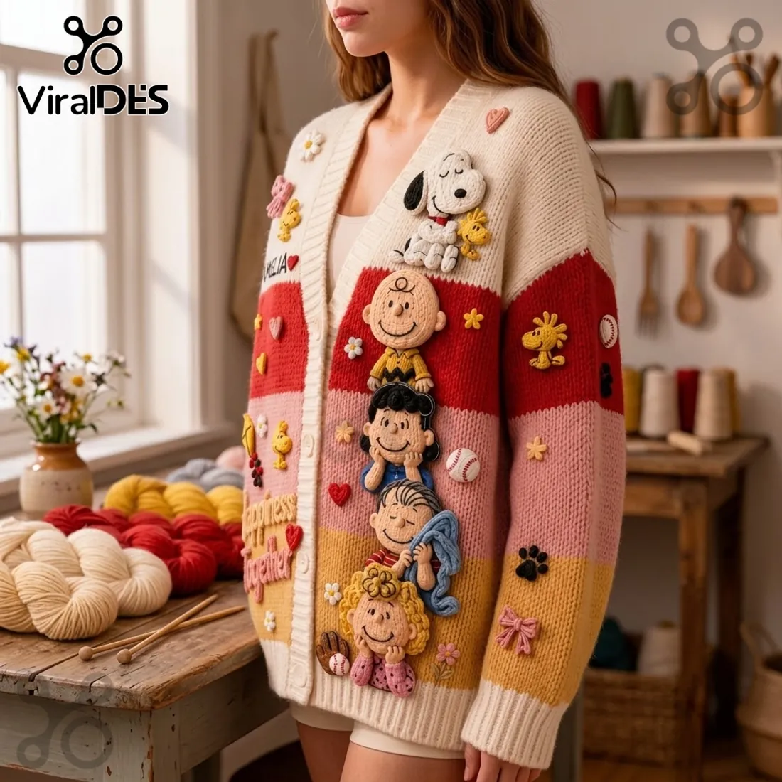 Peanuts Classic Comic Characters Embroidered Cardigan Peanuts Classic Comic Characters Embroidered Cardigan