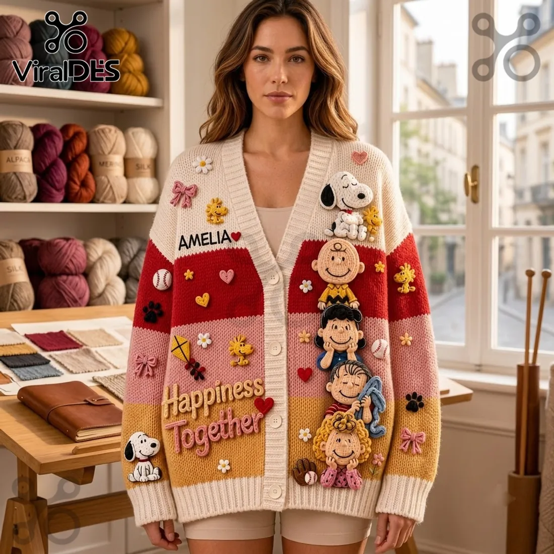 Peanuts Classic Comic Characters Embroidered Cardigan Peanuts Classic Comic Characters Embroidered Cardigan