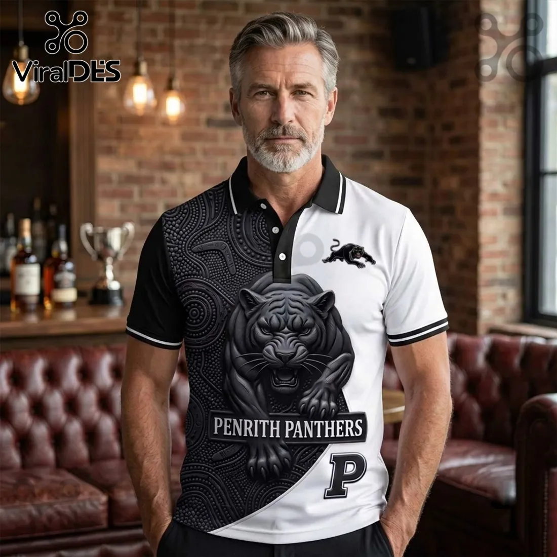 Penrith Panthers Mascot Black and White Polo Shirt Penrith Panthers Mascot Black and White Polo Shirt