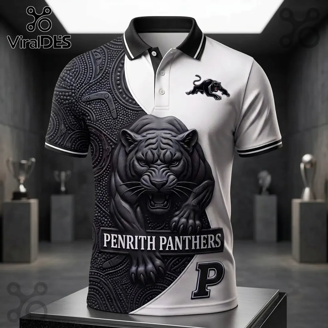 Penrith Panthers Mascot Black and White Polo Shirt Penrith Panthers Mascot Black and White Polo Shirt