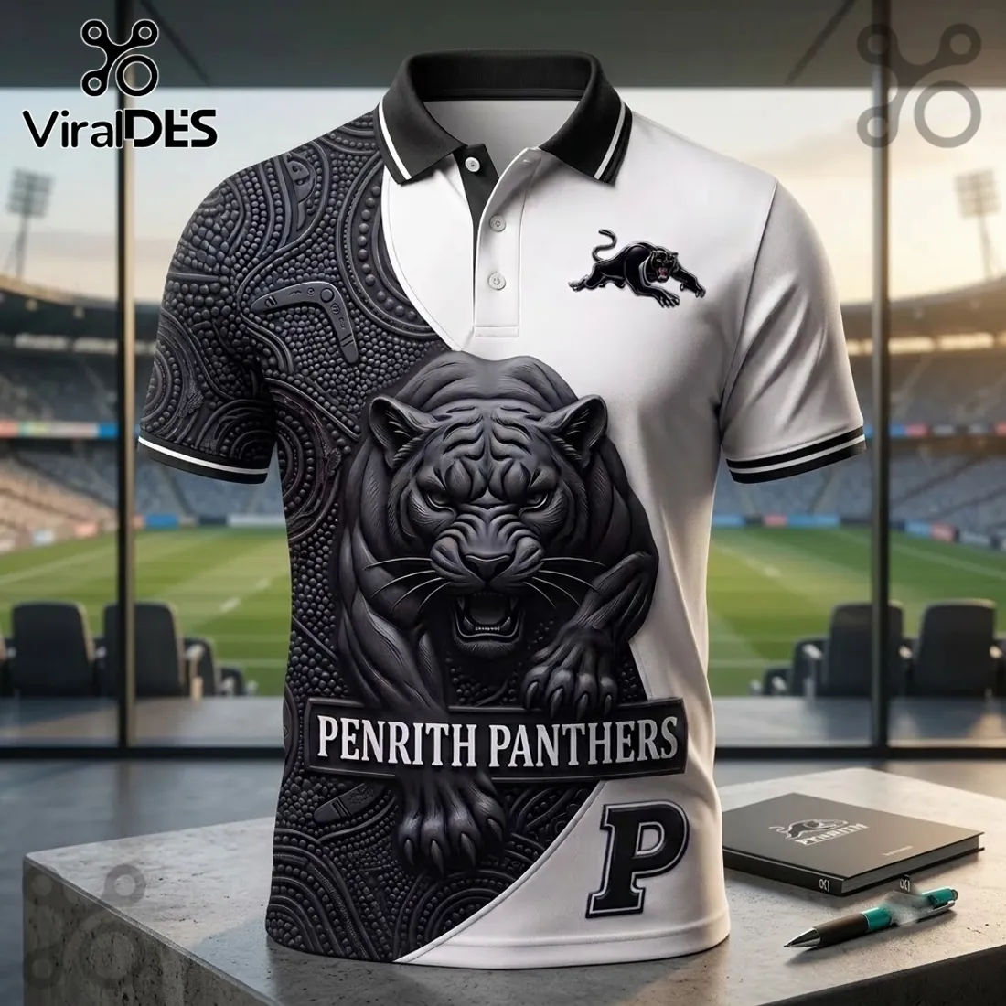 Penrith Panthers Mascot Black and White Polo Shirt Penrith Panthers Mascot Black and White Polo Shirt