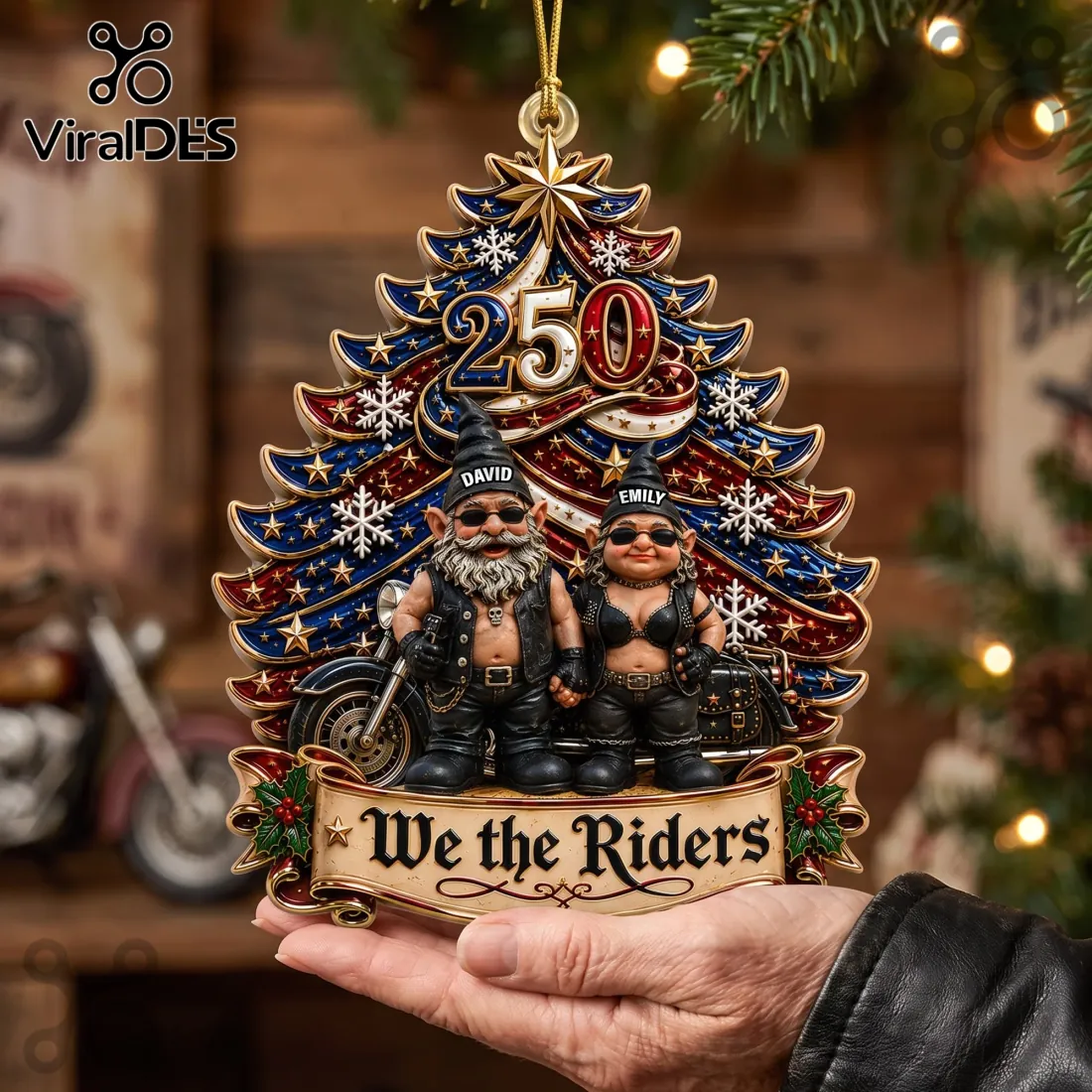Personalized Biker Gnome Couple 250 Christmas Ornament Personalized Biker Gnome Couple 250 Christmas Ornament