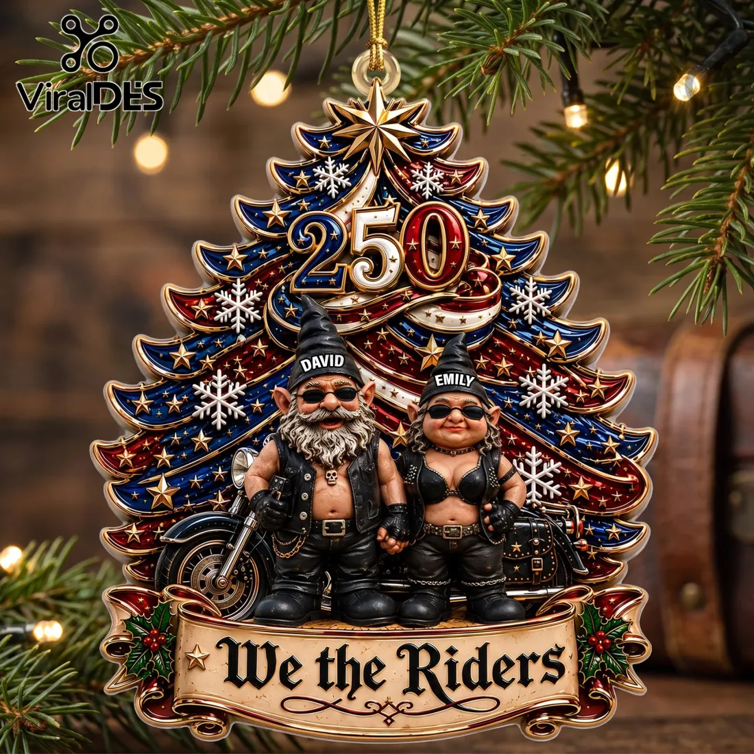 Personalized Biker Gnome Couple 250 Christmas Ornament Personalized Biker Gnome Couple 250 Christmas Ornament