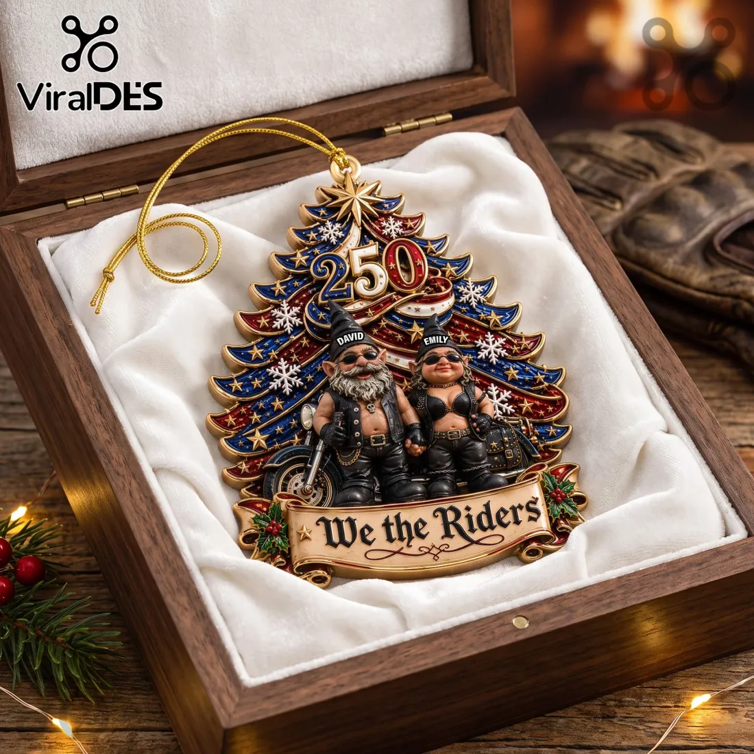 Personalized Biker Gnome Couple 250 Christmas Ornament Personalized Biker Gnome Couple 250 Christmas Ornament