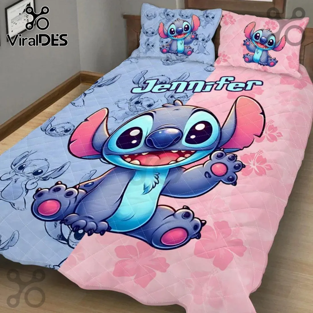 Personalized Stitch Ohana Blue Pink Bedding Set Personalized Stitch Ohana Blue Pink Bedding Set