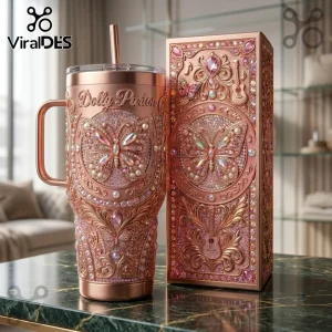 Dolly Parton rose gold butterfly rhinestone Stanley tumbler with matching intricate decorative display box.