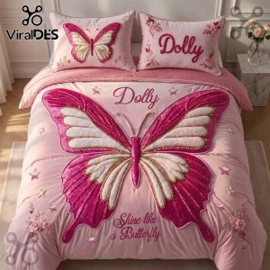 Dolly Shine Like a Butterfly Pink 3-Piece Bedding Set featuring a large central butterfly and floral accents.