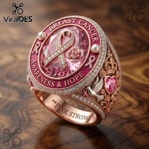 Breast Cancer Awareness Pink Crystal Ribbon Rose Ring featuring a central pink gemstone, diamond accents, and engravings.