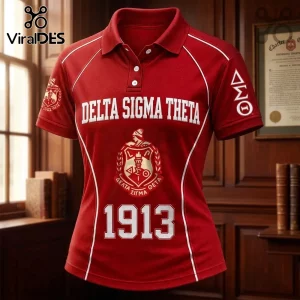 Delta Sigma Theta Red Edition Polo Shirt featuring white embroidered lettering, crest logo, and 1913 numbering on red fabric.