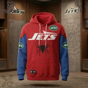 New York Jets x Spider-Man Brand New Day Hoodie featuring red spider-web fabric, blue sleeves, and large white team logos.