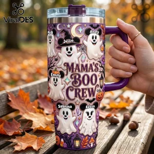 Personalized Mama’s Boo Crew Halloween Ghost 40oz Tumbler with cartoon ghosts, purple background, and custom family names.