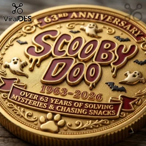 Scooby Doo Mystery Machine 63rd Anniversary Coin featuring raised gold text, spooky ghosts, bats, and a deep red enamel inlay.