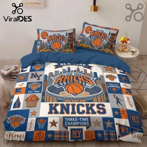 New York Knicks Three-Time Champions bedding set with team logo, basketball arena graphics, and navy and orange colors.