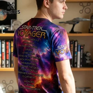 Star Trek Voyager Season 1 Episode Guide T-Shirt featuring a deep space nebula print and a list of all season one episodes.