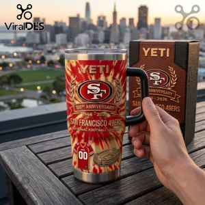 San Francisco 49ers 80th Anniversary YETI Tumbler 40oz featuring red and gold graphics, team logos, and jersey imagery.