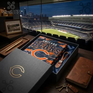 Chicago Bears NFL Camouflage T-Shirt folded in a gift box with a leather keychain, pen, and notebook overlooking a stadium.