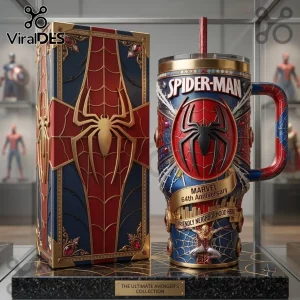 Spider-Man Marvel 64th Anniversary Stanley Tumbler featuring red and blue colors, gold accents, and a spider emblem.