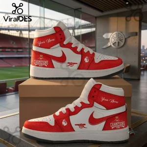 Arsenal FC 2026 Premier League Air Jordan High Top Sneakers in red and white with custom name branding and club logos.