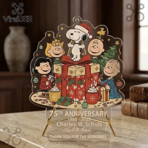 Peanuts Snoopy 75th Anniversary Christmas acrylic ornament featuring Snoopy and the Peanuts gang with holiday gifts.