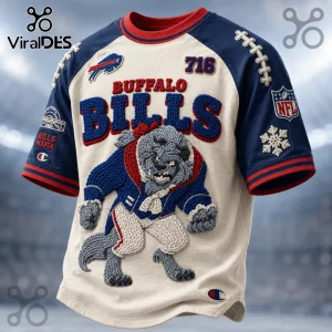 Buffalo Bills NFL Embroidered Mascot Shirt featuring a 3D knit style mascot, blue sleeves, and Bills Mafia branding.