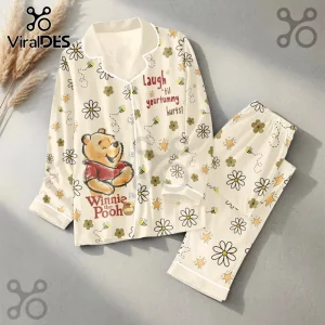 Winnie the Pooh 100th Anniversary Satin Pajama Set featuring a cream base with flowers, bees, and vintage Pooh illustration.