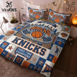 New York Knicks Three-Time Champions bedding set featuring blue and orange team colors, basketball graphics, and city skyline.