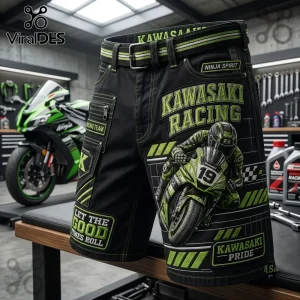 Kawasaki Racing Team black cargo shorts featuring a green motorcycle graphic, Ninja Spirit text, and utility pockets.