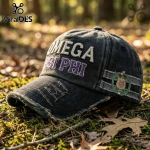 Omega Psi Phi Fraternity Distressed Baseball Cap in black with embroidered white lettering and a classic crest side patch.