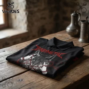 Babymetal World Tour 2026 Wolf Logo Polo Shirt folded on a rustic wooden table featuring a red logo and wolf illustration.