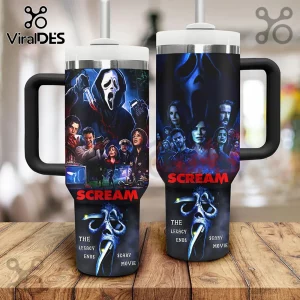 Scream Horror Movie 40oz Stanley Tumbler with Ghostface mask, character montage, and The Legacy Ends text.