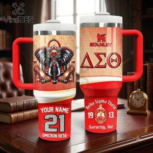 Custom Name Delta Sigma Theta Stanley Tumbler with elephant, red and cream colors, sorority symbols, and custom lettering.