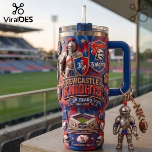 Newcastle Knights 38 Years Stanley Tumbler with a stainless steel body, team graphics, and a knight figurine keychain.
